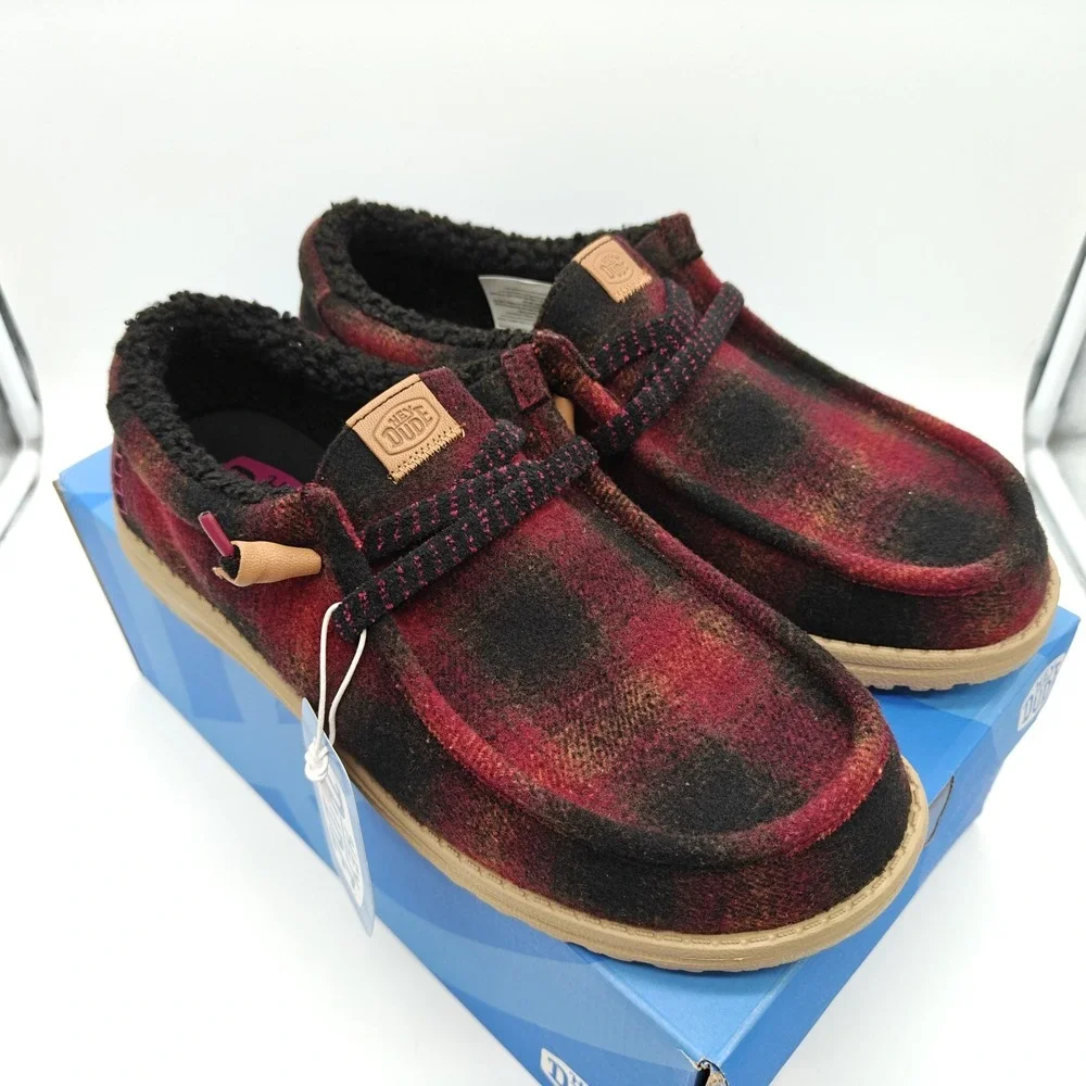 HEYDUDE Wally Cozy Plaid Men's Size 12 Red Plaid Black Slip On Shoes 44341-6RQ